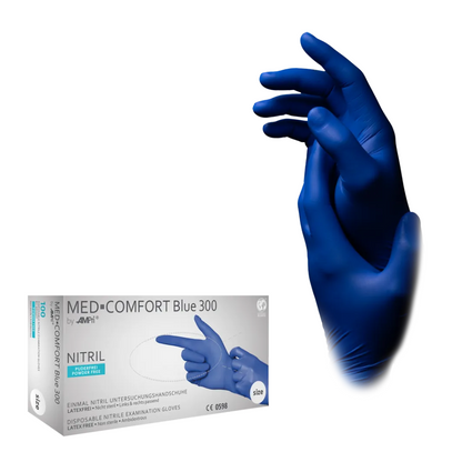 Uma caixa de luvas de nitrilo AMPri MED-COMFORT BLUE 300 extra longas sem pó, azul da AMPri Handelsgesellschaft mbH é exibida ao lado de uma imagem de duas mãos com luvas de nitrilo azuis. Na caixa há um texto que indica que as luvas são sem látex e sem pó.