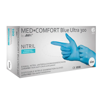 Caixa com luvas de nitrilo AMPri MED-COMFORT BLUE ULTRA 300 extra longas sem pó, azul da AMPri Handelsgesellschaft mbH. A caixa é predominantemente branca e azul, mostra uma imagem de mãos enluvadas e indica que as luvas de nitrilo são livres de látex, sem pó, ambidestras e adequadas para contato com alimentos. O tamanho é claramente visível.
