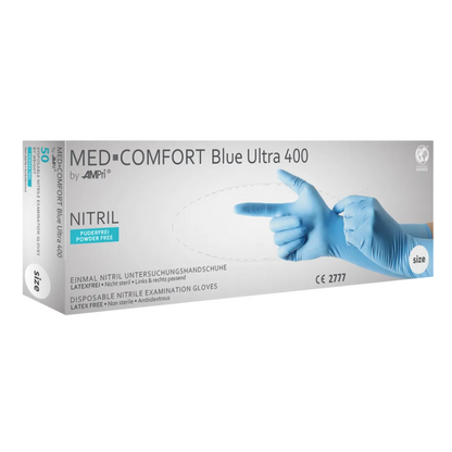 Uma caixa de luvas de exame descartáveis AMPri MED-COMFORT BLUE ULTRA 400 extralongas de nitrilo da AMPri Handelsgesellschaft mbH, identificada como tamanho "S" e ideal para a indústria alimentar. Estas luvas de nitrilo azuis são isentas de látex, sem pó e podem ser usadas em ambas as mãos. Na embalagem, há uma imagem de mãos usando estas luvas de exame azuis.
