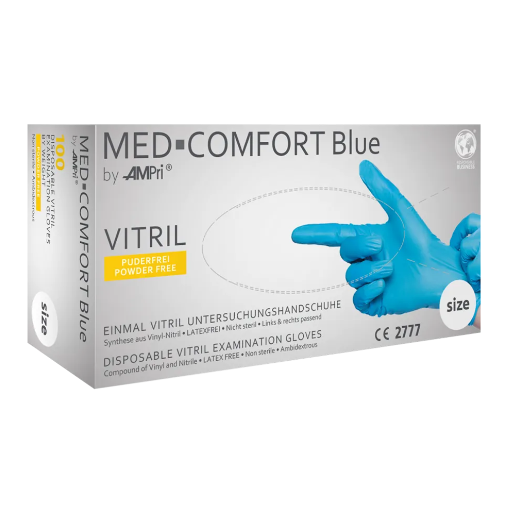 Mostra-se uma caixa de luvas AMPri MED-COMFORT BLUE Vitril sem pó, Azul da AMPri Handelsgesellschaft mbH. A caixa destaca que as luvas são sem pó e sem látex, o que as torna ideais para a indústria alimentar. Uma imagem na caixa mostra uma mão usando uma luva azul, além de haver vários textos informativos e logotipos presentes.