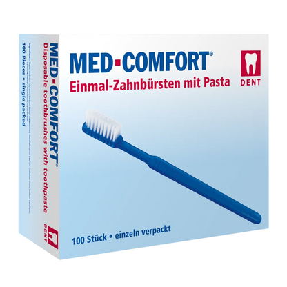 A caixa AMPri MED-COMFORT da AMPri Handelsgesellschaft mbH, ideal para o cuidado dental em movimento, contém escovas de dentes descartáveis com pasta de dentes. A imagem mostra uma escova de dentes azul, um texto bilíngue indica que a caixa contém 100 peças embaladas individualmente em várias cores.