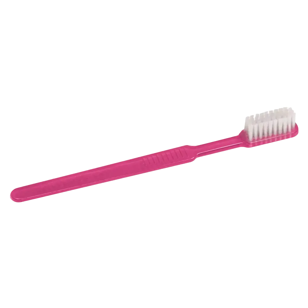 Diante de um fundo branco brilhante, vê-se uma escova de dentes descartável AMPri MED-COMFORT Dental PS rosa com cabo reto e cerdas brancas.