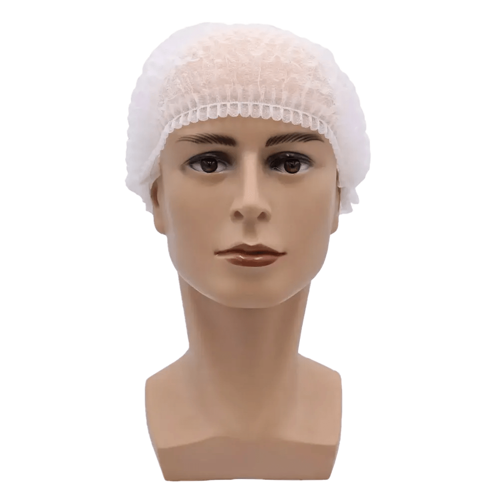 Para proteção higiênica, uma cabeça de manequim com uma touca AMPri MED-COMFORT Klipphaube 52 cm em branco.
