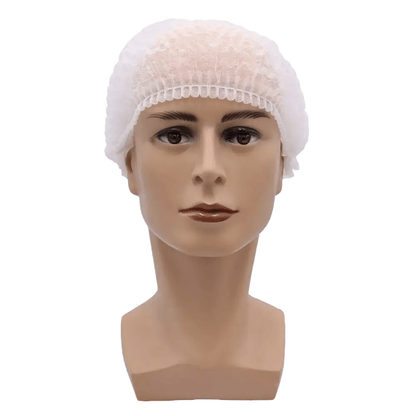 Para proteção higiênica, uma cabeça de manequim com uma touca AMPri MED-COMFORT Klipphaube 52 cm em branco.