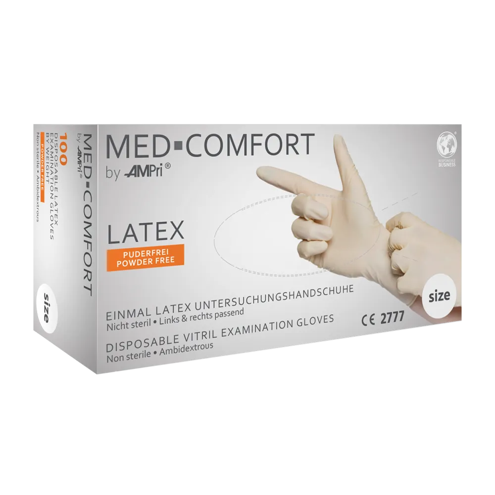 Caixa de luvas de látex AMPri MED-COMFORT sem pó, brancas (100 unidades) da AMPri Handelsgesellschaft mbH. Estas luvas não estéreis e ambidextras são ideais para trabalhos higiênicos. A caixa branca com texto azul-cinza mostra uma mão usando uma luva, e o tamanho é indicado na lateral.