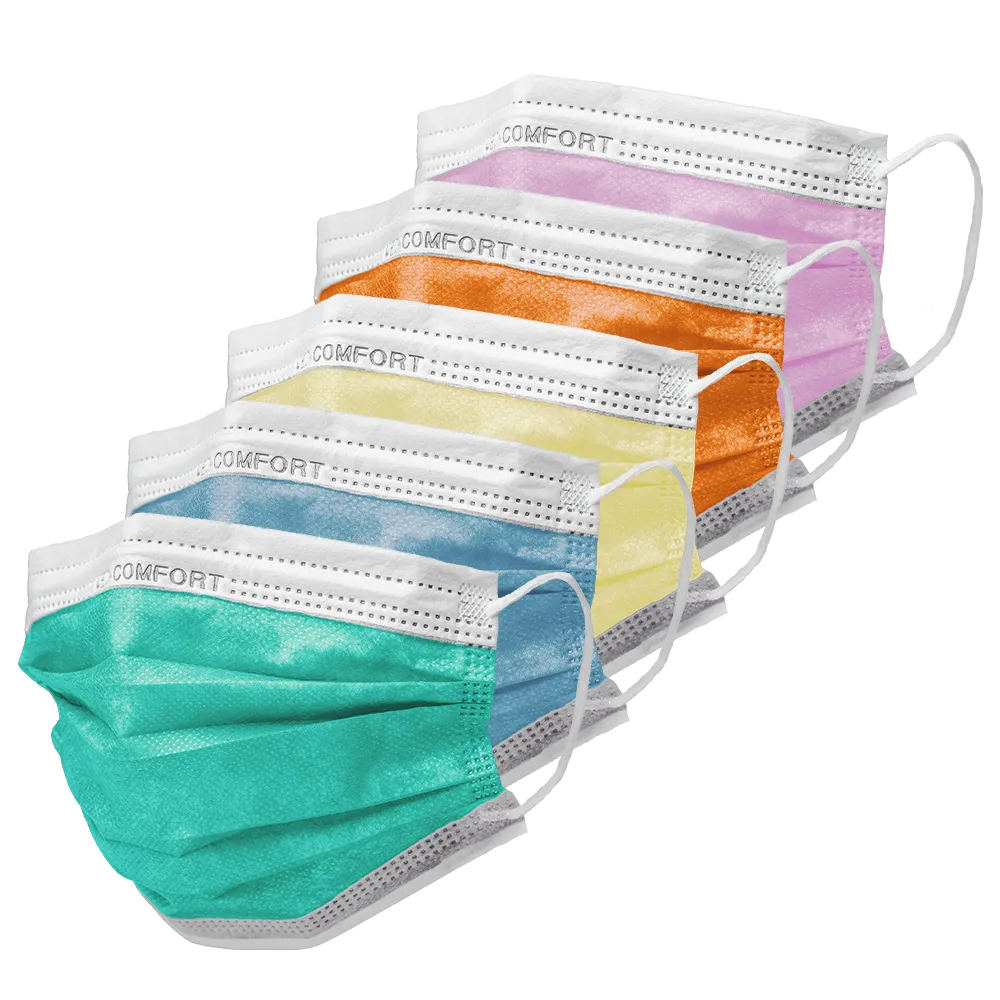 Representada está uma linha de cinco máscaras AMPri MED-COMFORT OP Tipo IIR da AMPri Handelsgesellschaft mbH em diferentes cores. As cores são verde, azul, amarelo, laranja e rosa. Cada proteção facial possui alças para as orelhas e a palavra "MED-COMFORT" está impressa na borda superior.