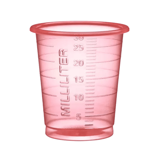 O copo médico descartável AMPri MED-COMFORT PP Eco de 30 ml, da AMPri Handelsgesellschaft mbH, é um copo rosa transparente fabricado em polipropileno resistente. Possui marcações precisas em mililitros, de 5 a 30, para uma dosagem exata.