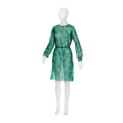 Um manequim apresenta um vestido verde, transparente e de mangas compridas, com um padrão marmorizado, que se assemelha ao design elegante do avental de visita descartável MED-COMFORT PP da AMPri. Este vestido até o joelho possui um decote redondo simples e uma cintura ajustada. O manequim é minimalista e não possui características marcantes.