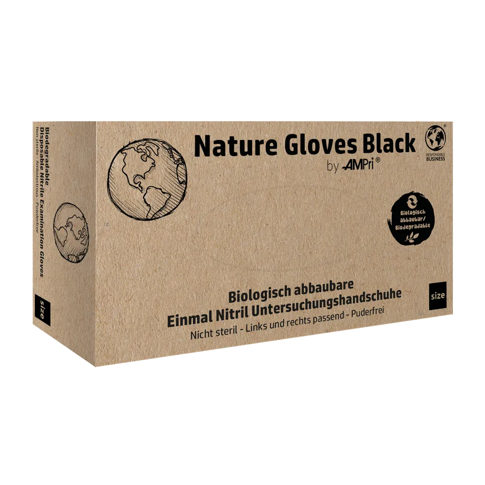 Uma caixa com a inscrição "AMPri Nature Gloves BLACK Nitrilhandschuhe Biologisch abbaubar" da AMPri Handelsgesellschaft mbH é exibida. Ela contém imagens de um globo e um logotipo para biodegradabilidade. O texto alemão na caixa descreve essas luvas de nitrilo pretas biodegradáveis e destaca sua alta resistência a produtos químicos e proteção biológica.