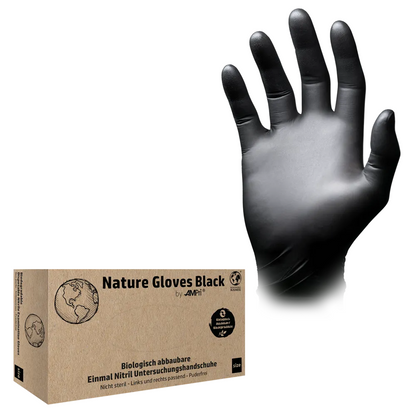 Ao lado da embalagem "AMPri Nature Gloves BLACK" é mostrada uma luva descartável preta, exibindo seu material de nitrilo biodegradável. Essas luvas de nitrilo biodegradáveis são isentas de pó, oferecem alta resistência e são adequadas para ambas as mãos.