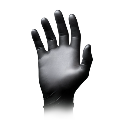 Uma luva preta AMPri Nature Glove da AMPri Handelsgesellschaft mbH é mostrada contra um fundo branco em posição de mão aberta com a palma voltada para frente. A luva destaca-se por sua alta resistência e possui uma superfície lisa que, totalmente inflada, reproduz os contornos de uma mão.