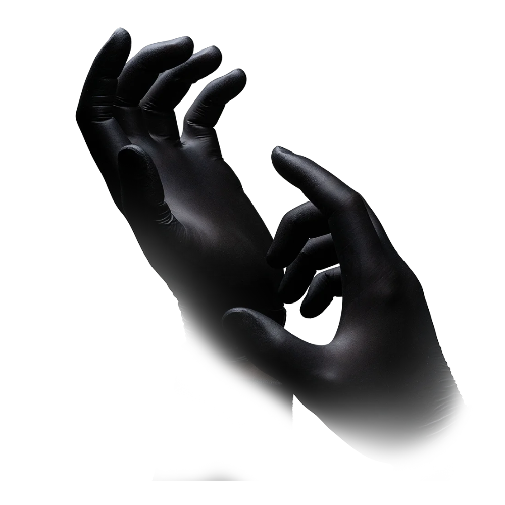 Duas mãos com luvas de nitrilo AMPri Nature Gloves BLACK da AMPri Handelsgesellschaft mbH, conhecidas por sua alta resistência, bem como proteção química e biológica, estão posicionadas contra um fundo branco. Os dedos das mãos estão levemente curvados, criando uma pose dramática.