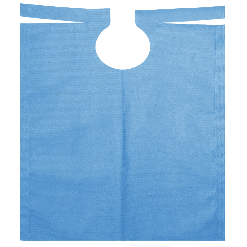 Um babete azul de uso único para odontologia com gola redonda e longas abas para fixação. O material estruturado possui um revestimento de PE, tornando-o ideal para proteger a roupa durante tratamentos dentários. O produto é o babete de paciente AMPri com revestimento de PE 500 x 600 mm da AMPri Handelsgesellschaft mbH, disponível em várias cores em rolos de 80 unidades.