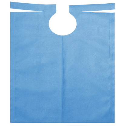 Um babete azul de uso único para odontologia com gola redonda e longas abas para fixação. O material estruturado possui um revestimento de PE, tornando-o ideal para proteger a roupa durante tratamentos dentários. O produto é o babete de paciente AMPri com revestimento de PE 500 x 600 mm da AMPri Handelsgesellschaft mbH, disponível em várias cores em rolos de 80 unidades.