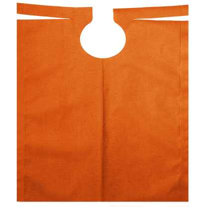 Um babete de paciente AMPri laranja com revestimento de PE, projetado com uma alça recortada redonda na parte superior e bordas retas ao longo da abertura, exala durabilidade e leveza contra um fundo branco simples.