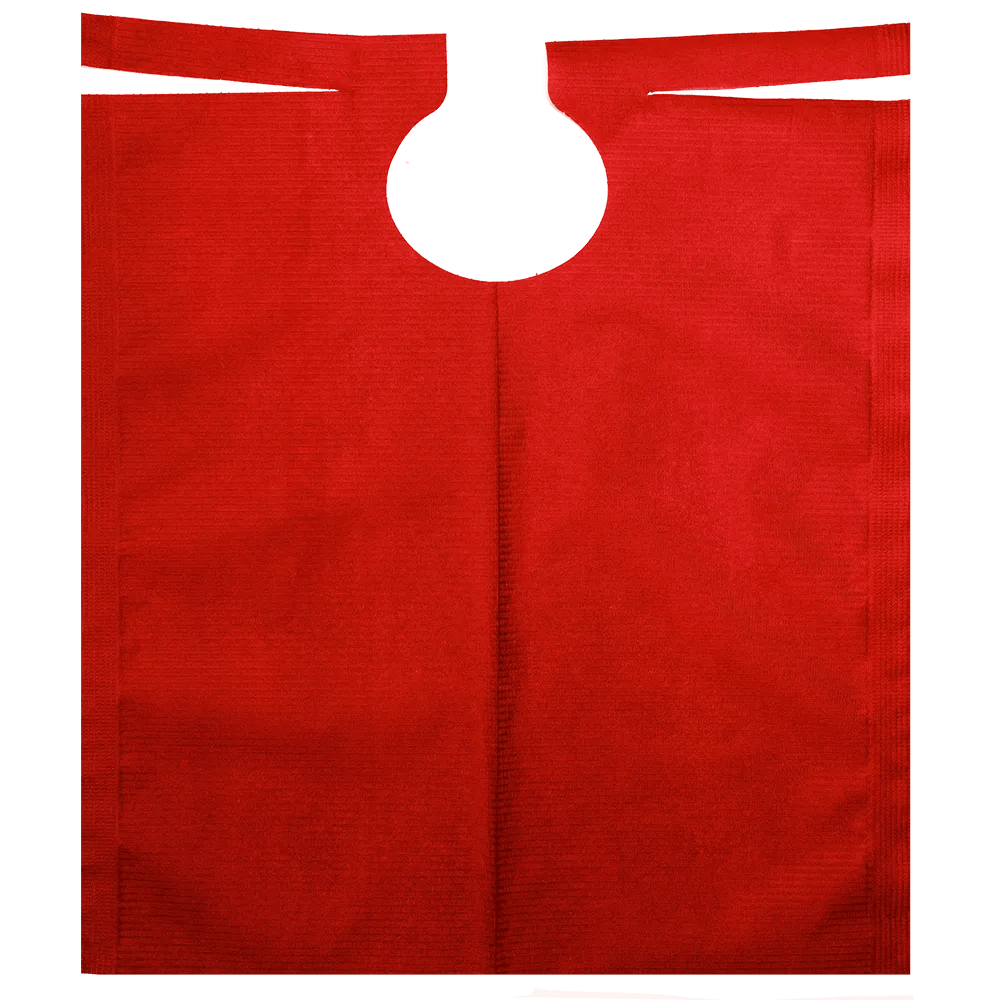 O babete de paciente AMPri com revestimento de PE da AMPri Handelsgesellschaft mbH em vermelho possui uma abertura redonda para alça na parte superior central. A sacola de presente parece plana e não utilizada, com uma forma retangular simples que se assemelha a um babete de paciente.