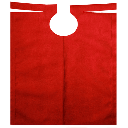 O babete de paciente AMPri com revestimento de PE da AMPri Handelsgesellschaft mbH em vermelho possui uma abertura redonda para alça na parte superior central. A sacola de presente parece plana e não utilizada, com uma forma retangular simples que se assemelha a um babete de paciente.