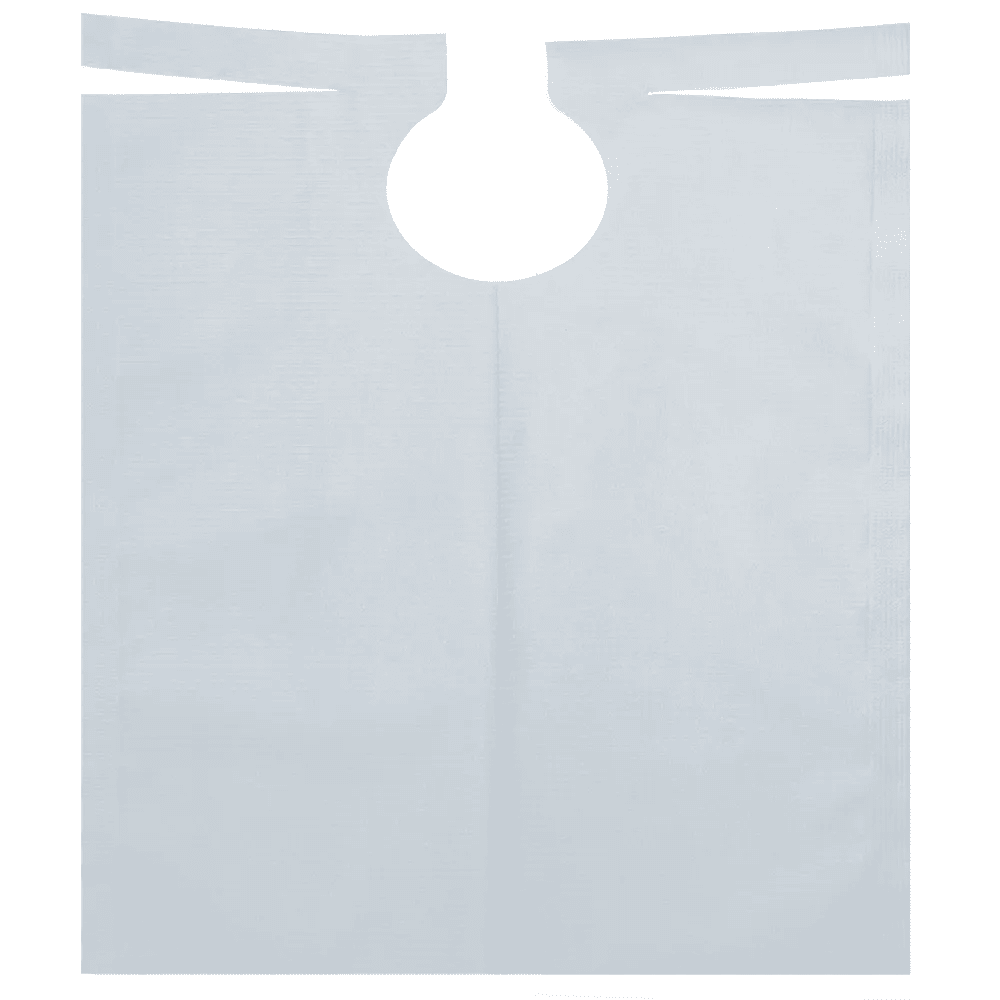 O babete de paciente AMPri com revestimento de PE, disponível em várias cores e medindo 500 x 600 mm, é um avental de plástico descartável com abertura de pescoço arredondada e duas tiras na parte superior. Este babete de paciente especialmente desenvolvido para intervenções dentárias da AMPri Handelsgesellschaft mbH é colocado plano sobre um fundo monocromático, mostrando sua forma retangular com revestimento de PE e sua textura lisa. Cada rolo contém 80 unidades.