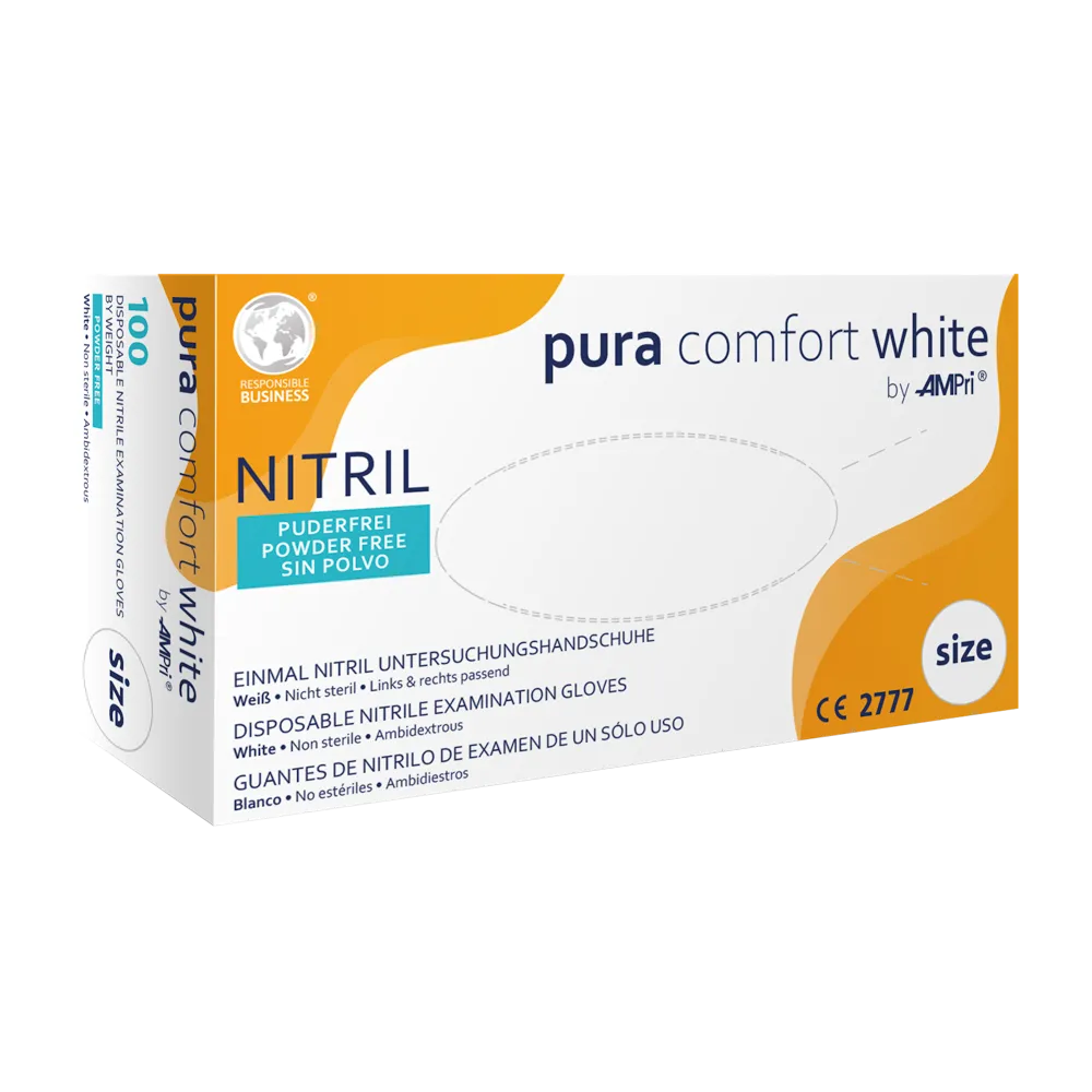 Caixa de luvas de nitrilo AMPri Puracomfort WHITE, sem pó, adequadas para ambas as mãos, tamanho M. A embalagem é predominantemente branca e laranja, com texto multilingue e oferece proteção química. Contém 100 luvas.