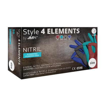 Uma caixa de luvas de nitrilo AMPri STYLE 4 ELEMENTS sem pó, mistura de cores da marca AMPri Handelsgesellschaft mbH. A caixa preta mostra na frente uma seleção de luvas de nitrilo coloridas e indica que as luvas são "sem látex" e "sem pó". Estas luvas de exame não estéreis, ambidestras, são luvas descartáveis.