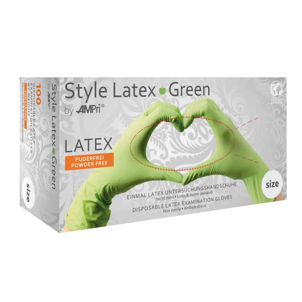 As luvas de látex sem pó AMPri STYLE GREEN da MED-COMFORT da AMPri Handelsgesellschaft mbH são fornecidas numa caixa de 100 unidades. Na embalagem, estão representadas mãos que formam um coração com as luvas verdes. Estas luvas são sem pó, destinadas a uso único e não estéreis.