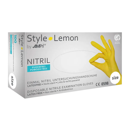 Uma caixa branca com a inscrição "AMPri STYLE LEMON Luvas de nitrilo sem pó da MED-COMFORT" da AMPri Handelsgesellschaft mbH mostra uma mão enluvada de amarelo formando um sinal de "OK". A caixa contém "Luvas de nitrilo descartáveis - sem látex • não estéreis • ambidestro". O número "100" indica a quantidade que está dentro, e são sem pó.