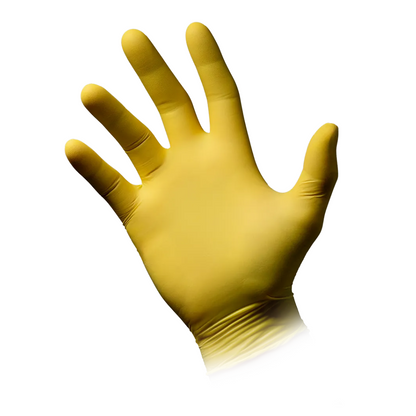 Uma única luva de nitrilo AMPri STYLE LEMON da MED-COMFORT em amarelo é mostrada com a parte da frente para cima e os dedos abertos. A luva parece não utilizada e limpa, tem uma textura lisa e uma manga na extremidade inferior. Diante de um fundo branco simples, a luva de nitrilo amarela sem pó da AMPri Handelsgesellschaft mbH destaca-se claramente.