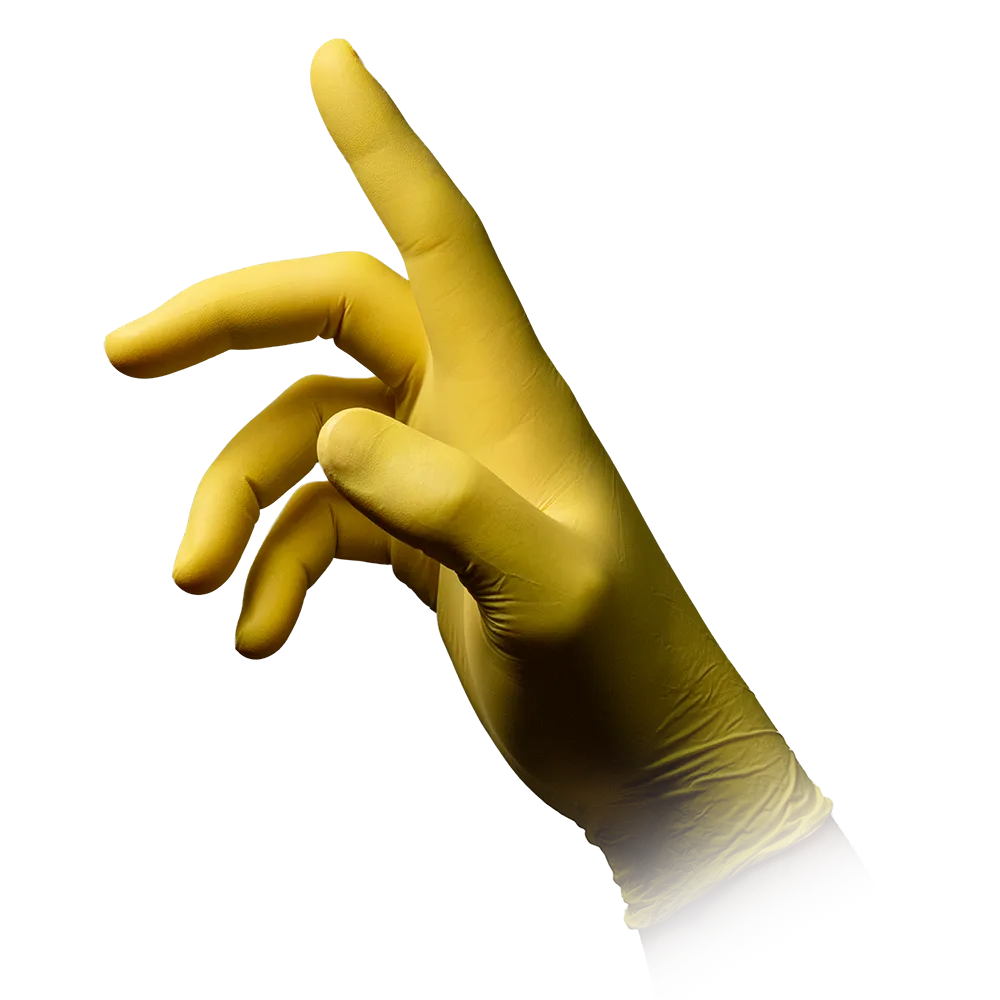 Sobre um fundo branco, é ilustrada uma mão enluvada de amarelo, cujos dedos formam um gesto levemente curvado. As luvas de nitrilo AMPri STYLE LEMON sem pó da MED-COMFORT aparentemente são feitas de látex ou um material semelhante e são sem pó.