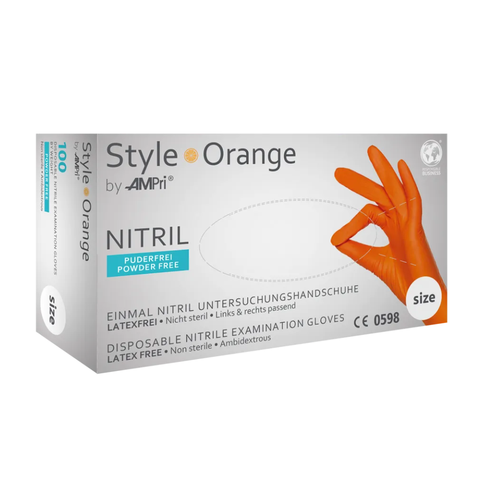 Numa caixa branca com a inscrição 'AMPri STYLE ORANGE Luvas de nitrilo sem pó da MED-COMFORT, Laranja' da AMPri Handelsgesellschaft mbH, encontram-se luvas de exame descartáveis de nitrilo. Na caixa está indicado que as luvas são livres de látex e sem pó (luvas de nitrilo sem pó). Uma imagem mostra uma luva laranja em uso, várias indicações e certificações apontam para esta alternativa ao látex.