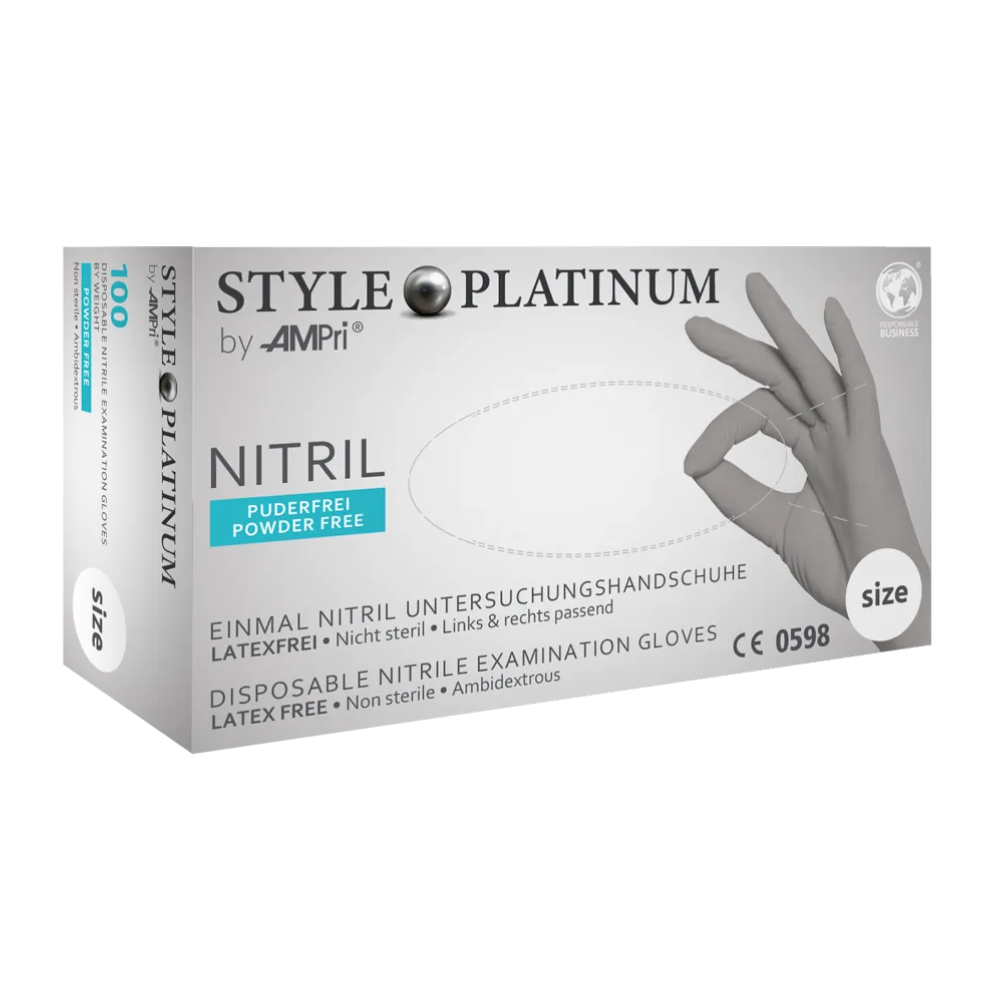 Uma caixa de luvas de nitrilo AMPri STYLE PLATINUM sem pó da MED-COMFORT, cinza-prata, marcadas como sem látex, não estéreis, ambidestras e no tamanho S. A caixa mostra uma mão com uma luva cinza e texto em alemão e inglês.