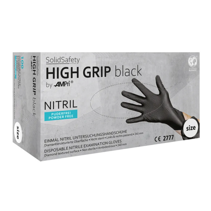 Uma caixa de luvas de proteção química AMPri SolidSafety High Grip Black Nitril, perfeita como luvas profissionais para diversas aplicações. A caixa contém uma única luva preta e destaca que é sem pó, não estéril e com uma superfície texturizada em diamante para melhor aderência.