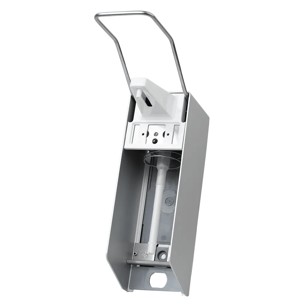 Apresentamos o dispensador de parede AMPri da AMPri Handelsgesellschaft mbH, concebido para 500 ml de desinfetante e sabão. Este dispensador montado na parede tem um exterior prateado elegante e uma distribuição higiênica, completo com uma alavanca longa para operação sem esforço. No interior, há uma garrafa de bomba de pressão.