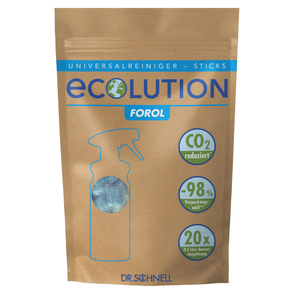 O saco castanho com a inscrição "Dr. Schnell ECOLUTION FOROL STICKS" da DR.SCHNELL GmbH & Co. KGaA contém 60g de sticks de limpeza universal em pó, que permitem uma limpeza amiga do ambiente com redução de CO₂ e poupança de material de embalagem.