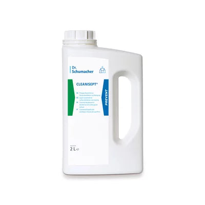 Recipiente de plástico branco de 2 litros da Dr. Schumacher Cleanisept® desinfecção e limpeza de superfícies da Dr. Schumacher GmbH com grande alça, tampa de rosca e etiqueta branco-azul para uma desinfecção eficaz de produtos médicos.