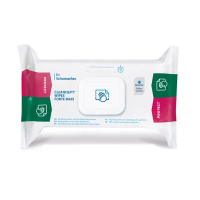 Uma embalagem de toalhetes Dr. Schumacher Cleanisept® Wipes Forte Max (100 toalhetes) da Dr. Schumacher GmbH com tampa resselável e acentos verde-rosa oferece desinfecção virucida e sem álcool numa embalagem branca com informações de marca e produto.