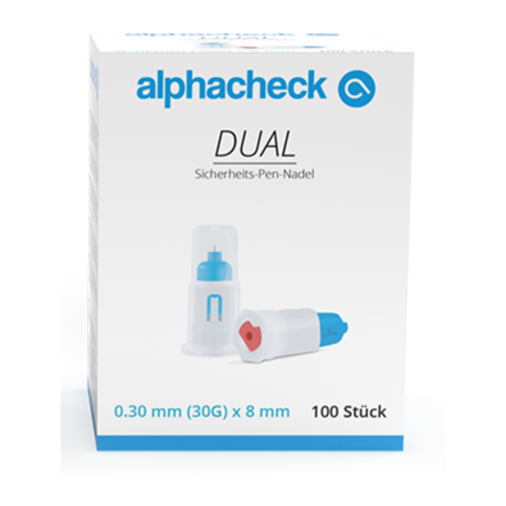 Em uma caixa branca estão as agulhas de caneta de segurança Alphacheck DUAL, vários tamanhos da Berger Med GmbH, com trava de segurança pós-uso. Na embalagem, as agulhas de caneta são especificadas com as dimensões de 0,30 mm (30G) x 8 mm e contêm 100 unidades. A imagem também mostra um close-up de uma agulha encapsulada em uma tampa de plástico transparente.