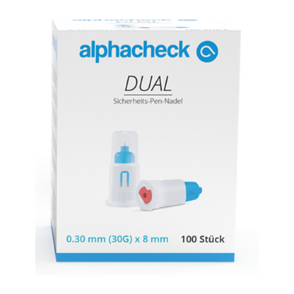 Em uma caixa branca estão as agulhas de caneta de segurança Alphacheck DUAL, vários tamanhos da Berger Med GmbH, com trava de segurança pós-uso. Na embalagem, as agulhas de caneta são especificadas com as dimensões de 0,30 mm (30G) x 8 mm e contêm 100 unidades. A imagem também mostra um close-up de uma agulha encapsulada em uma tampa de plástico transparente.