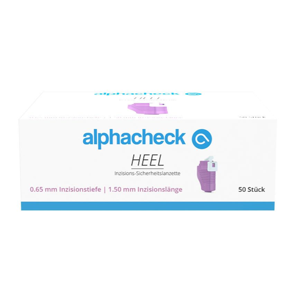 Uma caixa de lancetas de segurança Alphacheck HEEL Incisão, vários tamanhos da Berger Med GmbH é destinada à colheita de sangue capilar. A caixa principalmente branca apresenta um texto azul e violeta com uma pequena imagem de lanceta no lado direito e indica uma profundidade de incisão de 0,65 mm e um comprimento de incisão de 1,50 mm. Ela contém 50 unidades.