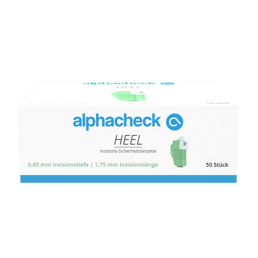 Uma caixa branca com a marca "Berger Med GmbH" em letras verdes e azuis. O produto Alphacheck HEEL Incisão Lancetas de Segurança, vários tamanhos, é descrito como "lanceta de segurança de incisão" com as especificações de 0,85 mm de profundidade de incisão e 1,75 mm de comprimento de incisão para colheita de sangue capilar. A caixa contém 50 unidades.