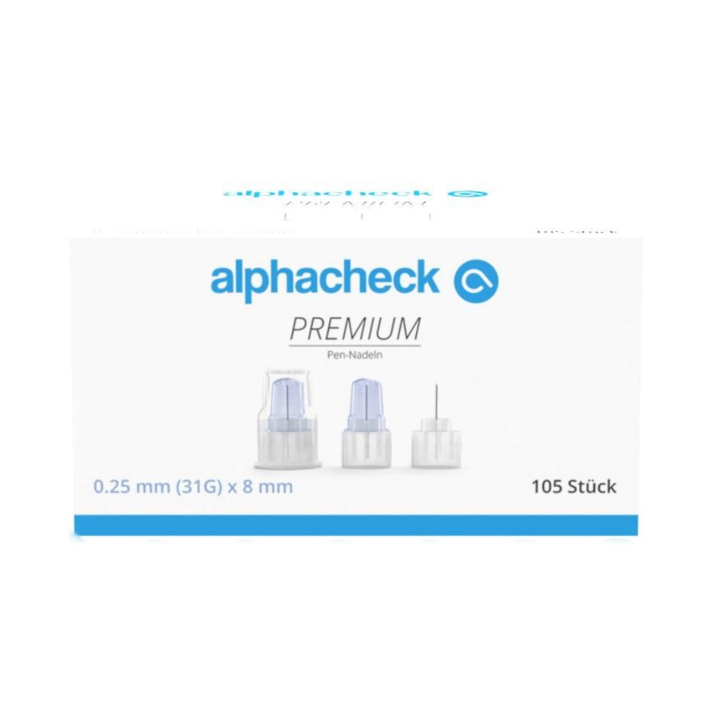 A imagem mostra uma caixa de agulhas de caneta Alphacheck PREMIUM, verschiedene Größen da Berger Med GmbH, desenvolvidas para minimizar a dor na administração de insulina. Na embalagem está indicado que as agulhas têm 0,25 mm (31G) x 8 mm e a caixa contém 105 unidades. Na caixa estão ilustradas três agulhas de caneta.