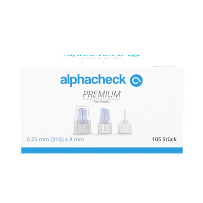 A imagem mostra uma caixa de agulhas de caneta Alphacheck PREMIUM, verschiedene Größen da Berger Med GmbH, desenvolvidas para minimizar a dor na administração de insulina. Na embalagem está indicado que as agulhas têm 0,25 mm (31G) x 8 mm e a caixa contém 105 unidades. Na caixa estão ilustradas três agulhas de caneta.