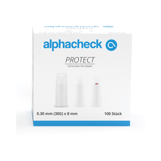 Uma caixa branca com texto azul com a inscrição "Alphacheck PROTECT agulhas de caneta de segurança, vários tamanhos" e "agulha de caneta de segurança". A caixa, destinada a injeções de insulina, contém 100 unidades de agulhas de caneta de segurança 0,30 mm (30G) x 8 mm. Na frente da caixa estão ilustradas três agulhas de caneta de segurança em diferentes estágios de montagem. Marca: Berger Med GmbH