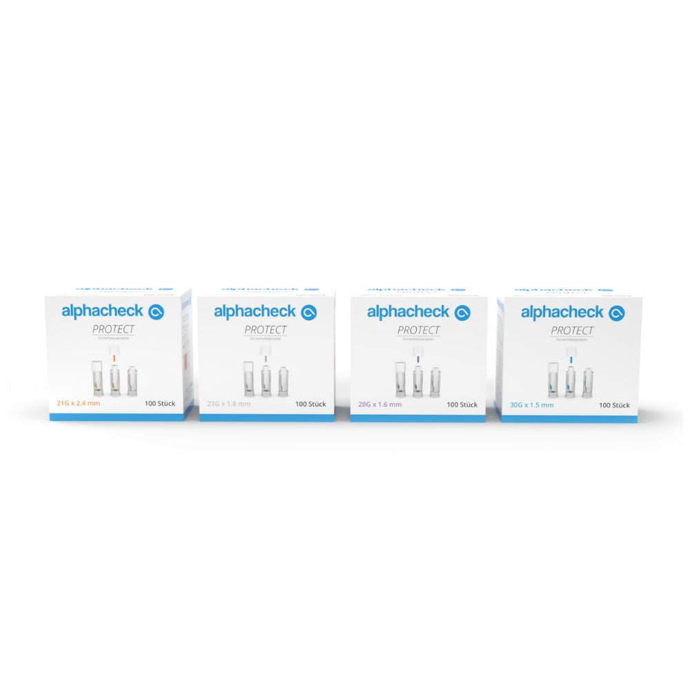 Quatro caixas de lancetas de segurança Alphacheck PROTECT da Berger Med GmbH, desenvolvidas para uma coleta de sangue com menos dor, são apresentadas em fila diante de um fundo branco simples. Cada caixa contém 100 sticks de tamanhos diferentes e destaca o uso sustentável de materiais na embalagem.