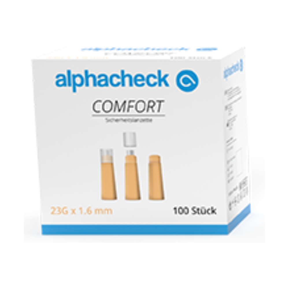 Uma caixa branca com a inscrição "Alphacheck comfort lancetas de segurança" da Berger Med GmbH, que contém 100 lancetas com as medidas 23G x 1,6 mm. A caixa mostra imagens de três lancetas em diferentes estados: com tampa, parcialmente sem tampa e completamente sem tampa. O texto em alemão na embalagem destaca características importantes como "coleta de sangue indolor" para uma extração de sangue segura e sem dor.