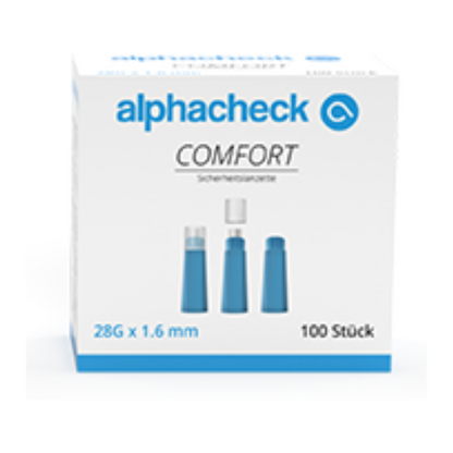 Em uma caixa com a inscrição "Alphacheck comfort lancetas de segurança" da Berger Med GmbH estão contidos três dispositivos de lanceta azul para coleta de sangue sem dor. Na frente é indicado que as lancetas têm tamanho 28G x 1,6 mm e são entregues em uma embalagem de 100 unidades.