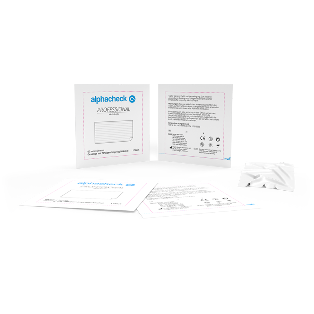 Imagem de uma embalagem de teste médico profissional da Berger Med GmbH. A embalagem principal está aberta e mostra instruções e detalhes do produto. Ao lado, encontra-se um folheto adicional e um pequeno pacote branco selado com a inscrição "Alphacheck Professional Toalhetes de Álcool 3 x 6 cm | Embalagem (100 unidades) para desinfecção da pele".