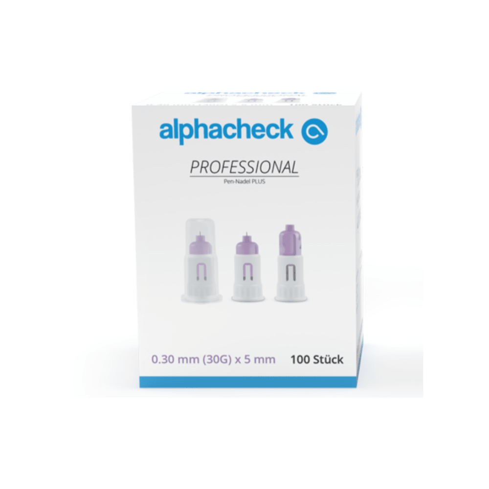 Uma caixa de agulhas Alphacheck Professional Pen-Nadel PLUS, de vários tamanhos, para injeções de insulina. A caixa apresenta uma imagem das agulhas estéreis e indica o tamanho: 0,30 mm (30G) x 5 mm. Contém 100 unidades da Berger Med GmbH.