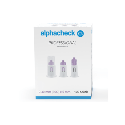 Uma caixa de agulhas Alphacheck Professional Pen-Nadel PLUS, de vários tamanhos, para injeções de insulina. A caixa apresenta uma imagem das agulhas estéreis e indica o tamanho: 0,30 mm (30G) x 5 mm. Contém 100 unidades da Berger Med GmbH.