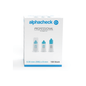 Uma caixa de agulhas Alphacheck Professional Pen PLUS, de vários tamanhos. A caixa branca com detalhes azuis contém 100 agulhas esterilizadas, de 0,30 mm (30G) x 8 mm, para injeções de insulina. A frente da embalagem apresenta imagens de três agulhas para caneta, com texto a azul e preto da Berger Med GmbH.