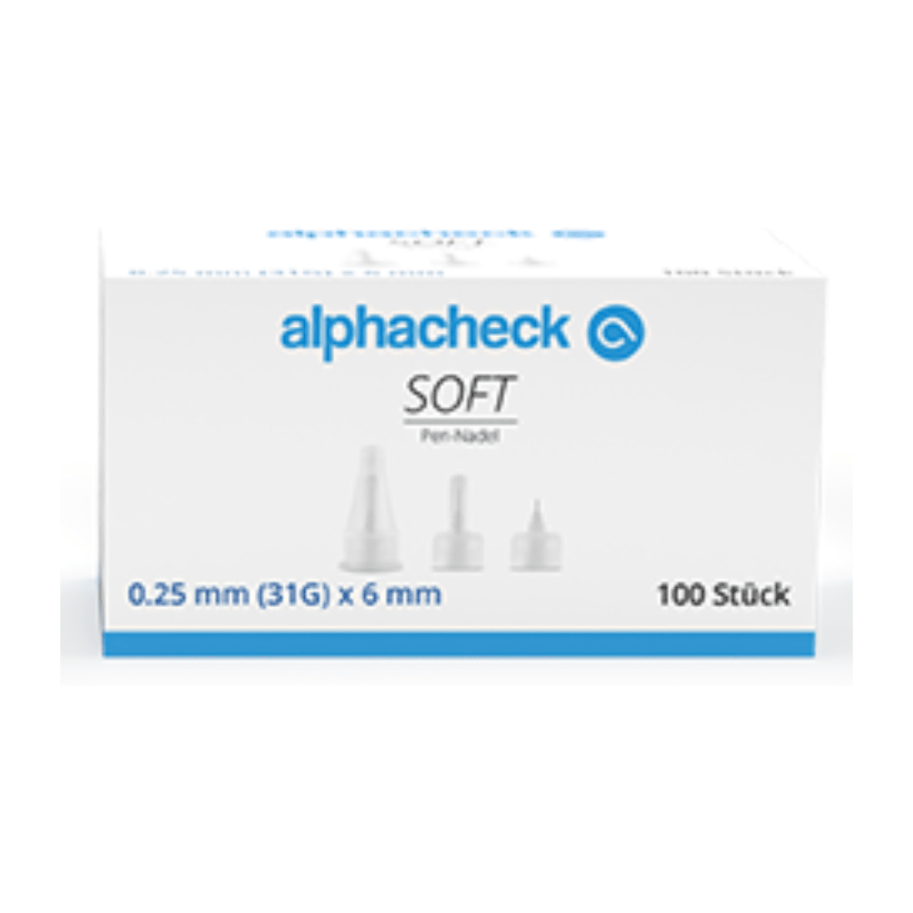 Uma caixa branca com texto azul e cinza e a inscrição "Alphacheck soft Pen-Nadeln, verschiedene Größen, 100 Stück/Packung" e "0,25 mm (31G) x 6 mm". Na caixa, há imagens de agulhas para caneta de vários tamanhos para injeção de insulina, e no canto inferior direito está "100 Stück". A marca exibida é Berger Med GmbH.